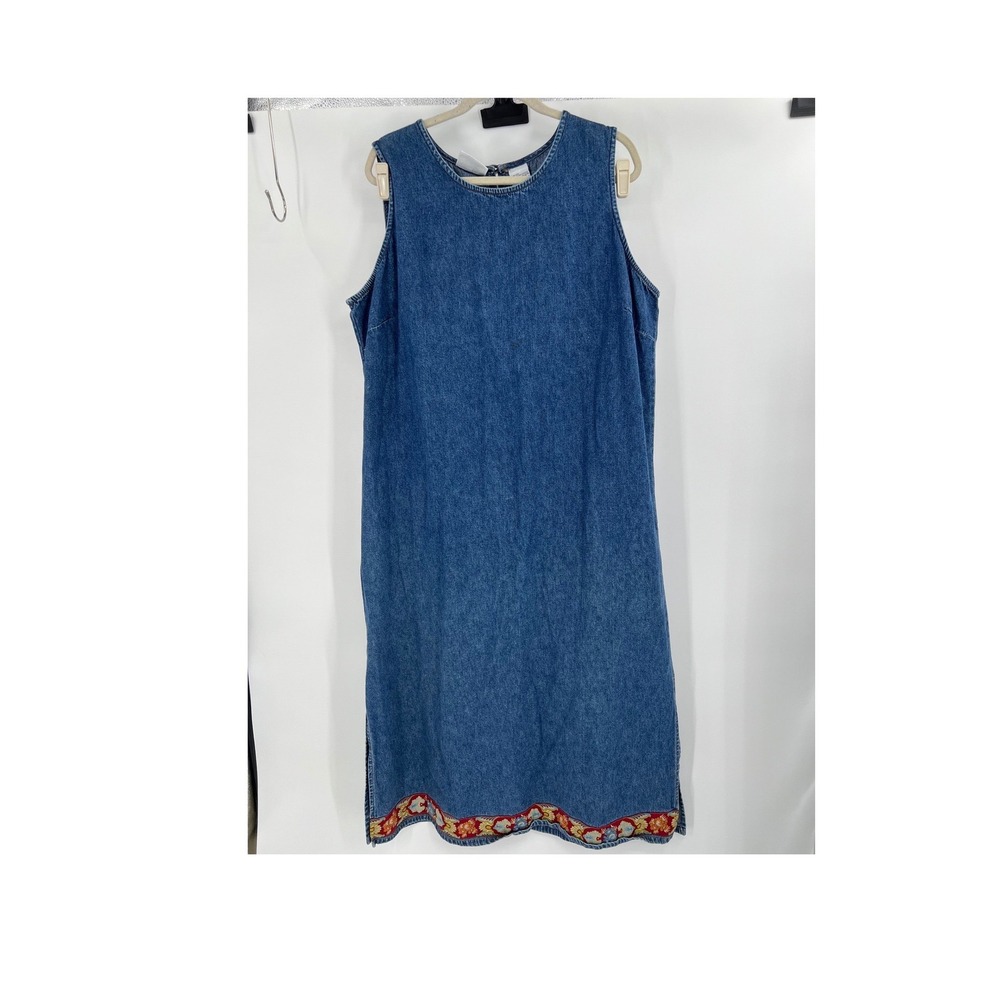 Studio Ease Vintage Blue Denim Sleeveless Shift Dress Floral Trim Plus Size 20W